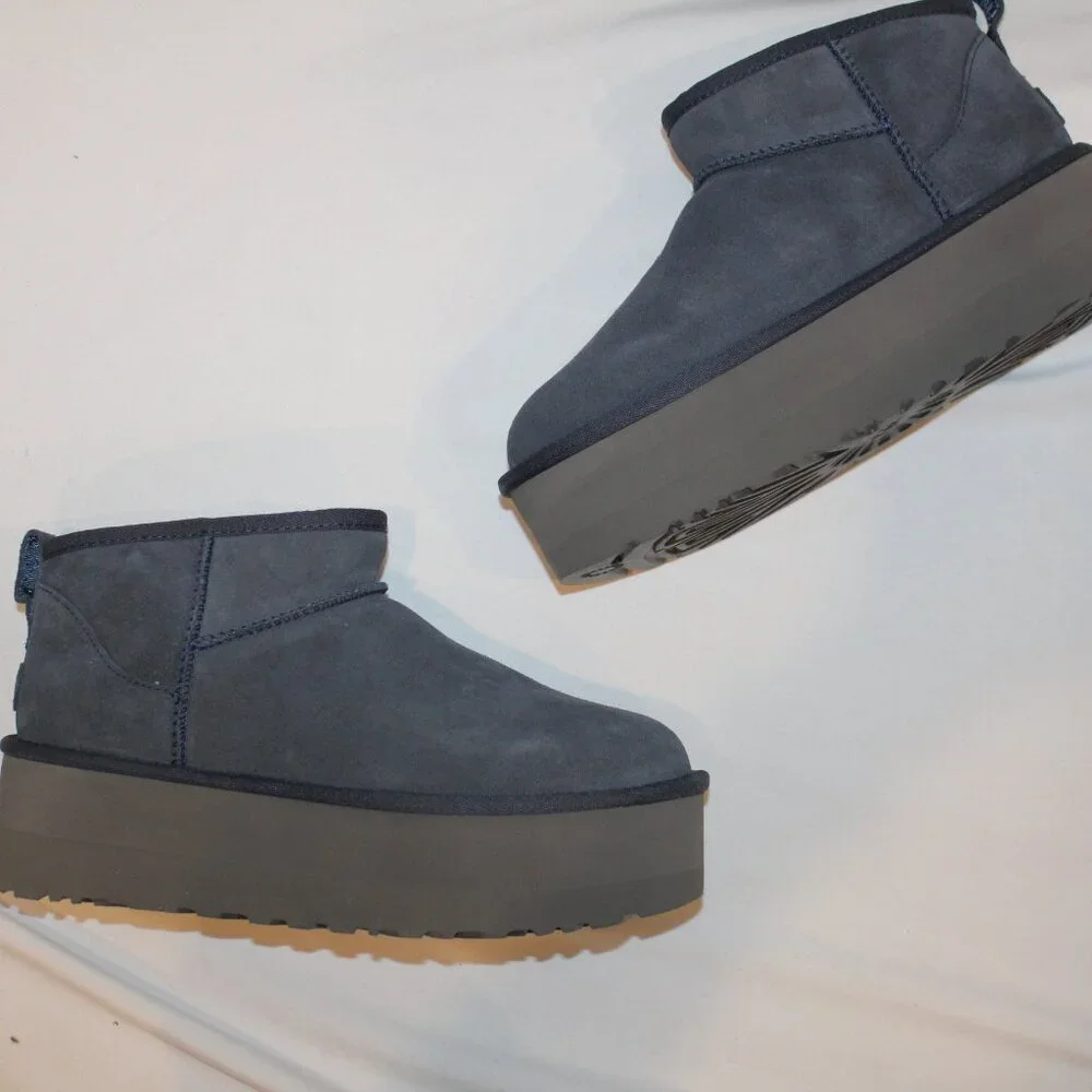 NIB UGG WOMEN'S ULTRA MINI PLATFORM‎ SUEDE SHEARLING LINED ANKLE BOOTS NAVY BLUE